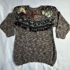 Vintage Bonnie And Bill Leaf Appliqué Fringe Knit Pullover Sweater Sz M